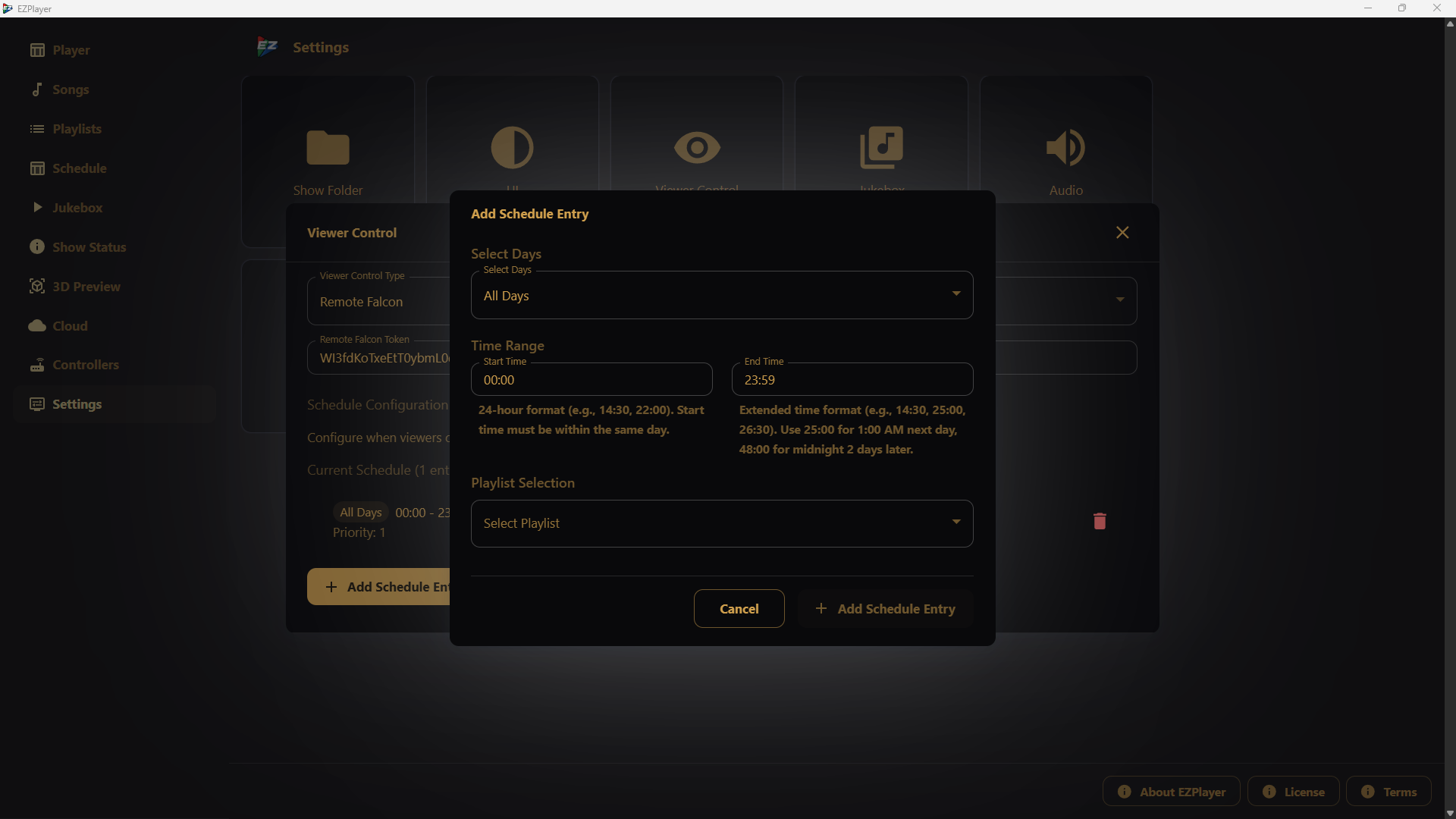 Remote Falcon with EZPlayer Add Schedule Entry